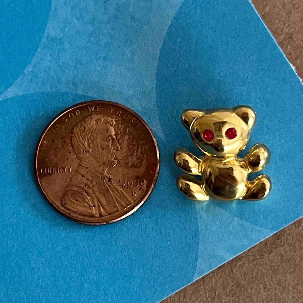 Vintage Tiny Gold Teddy Bear Lapel Pin with Red Rhinestone Eyes